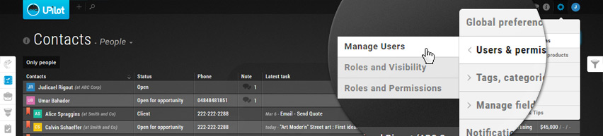 Settings menu - Manage users and teams