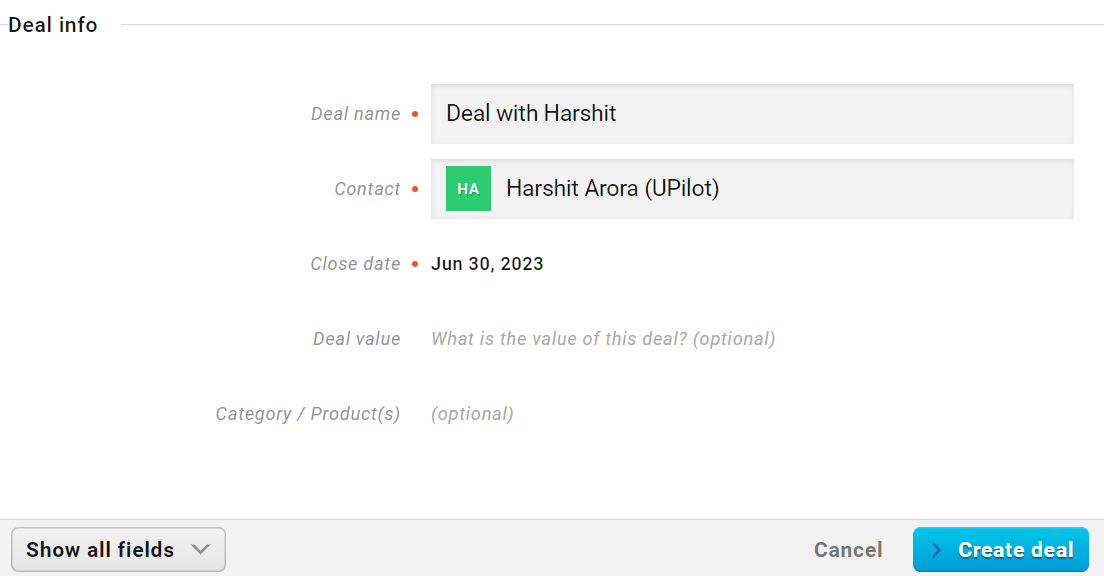 The image displays the appearance of the page where you can add a new deal.