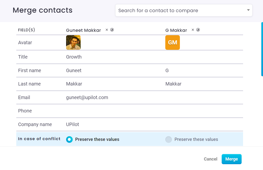 'Preserve these values' option in UPilot for retaining selected contact information
